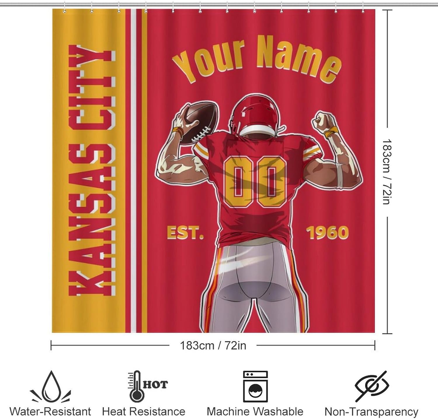Custom 4PCS Kansas City Shower Curtain Set, Personalized Name and Number Shower Curtain Set for Bathroom, Includes Bath Mat, Toilet Cover Mats, U-Shaped Mat and Shower Curtains 72 Inch X 72 Inch