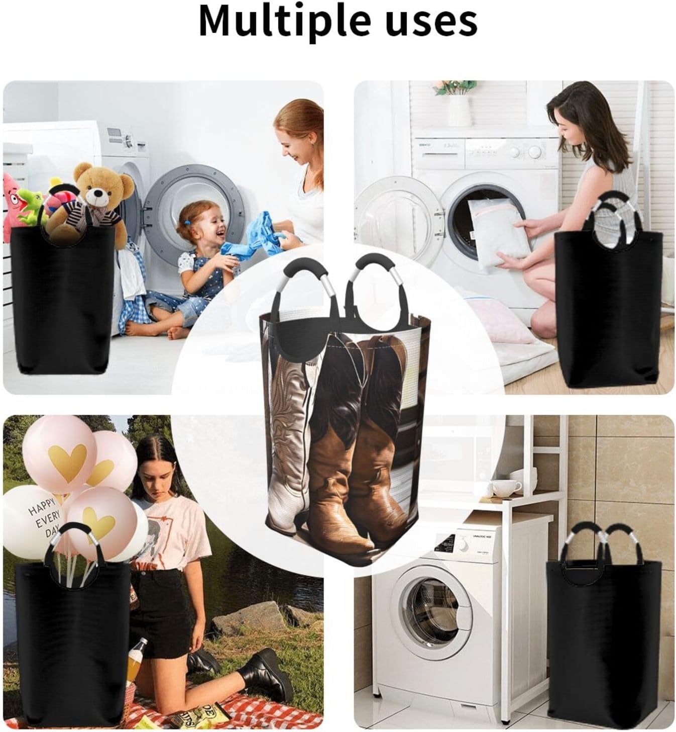 (Cowboy Black Hat Western Boots) Laundry Basket Collapsible Clothes Hamper, Laundry Bag with Handles Blanket Toys Storage Blanket, Dorm Room Essentials Accessories 12.6x11x22.7 in
