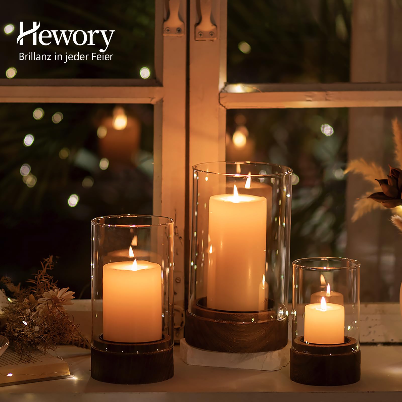 Hewory 3 Windlicht Glas Groß mit Holzsockel für Deko Wohnzimmer Boho Set | Div. Größen, Stabil, Pflegeleicht, Kerzenhalter mit Abnehmbarem Glaszylinder für Tischdeko Garten Terrassen Outdoor Party