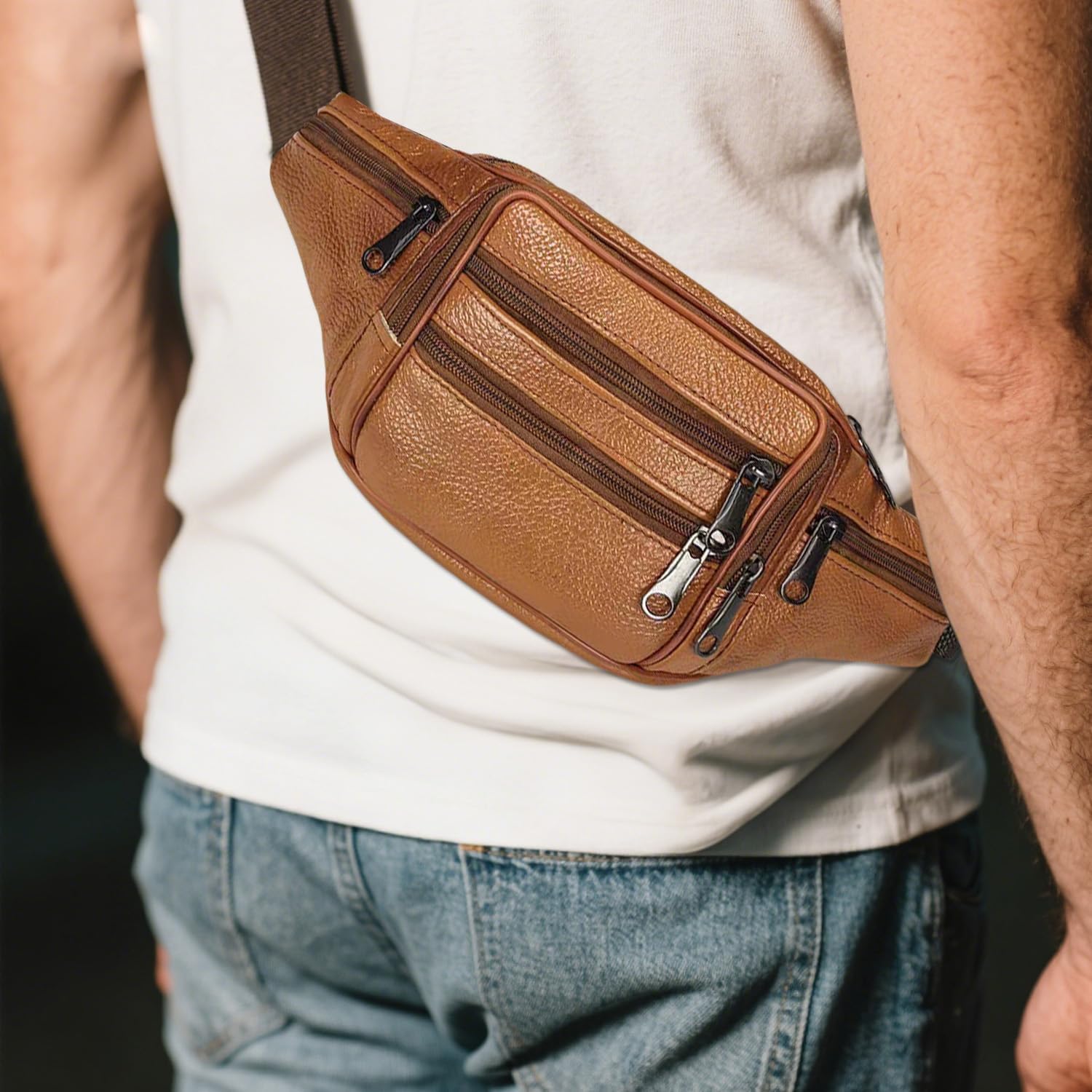 Leather Fanny Pack For Men & Women Belt Bag With Adjustable Waist Belt, Lightweight Fanny Pack Comes With Multiple Zippered Pockets Easy Carry Any Phone,Wallet (Reddish brown) - Image 4