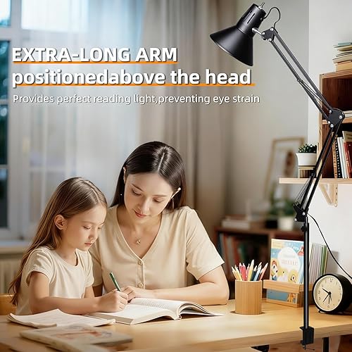 Miniatura 6 de Lámpara de escritorio LED con abrazadera para oficina y hogar, luz de escritorio con brazo oscilante de metal extra alto ajustable de 360,
