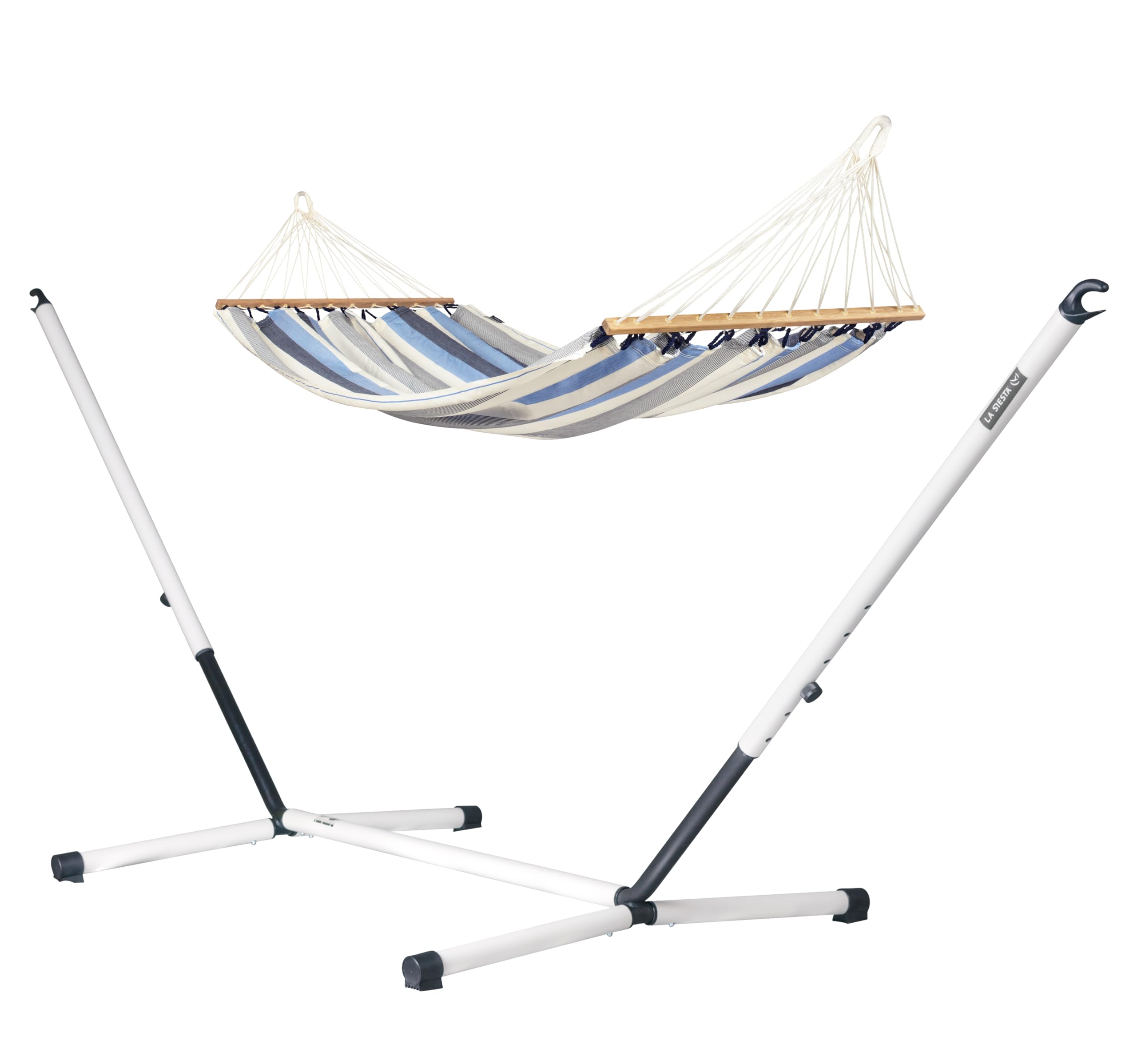 LA SIESTA® Alisio - Amaca semplice con barra e supporto in acciaio, supporto per amaca da esterno, per interni resistenti alle intemperie, amaca sospesa, tela per amaca su piedistallo in legno per 1