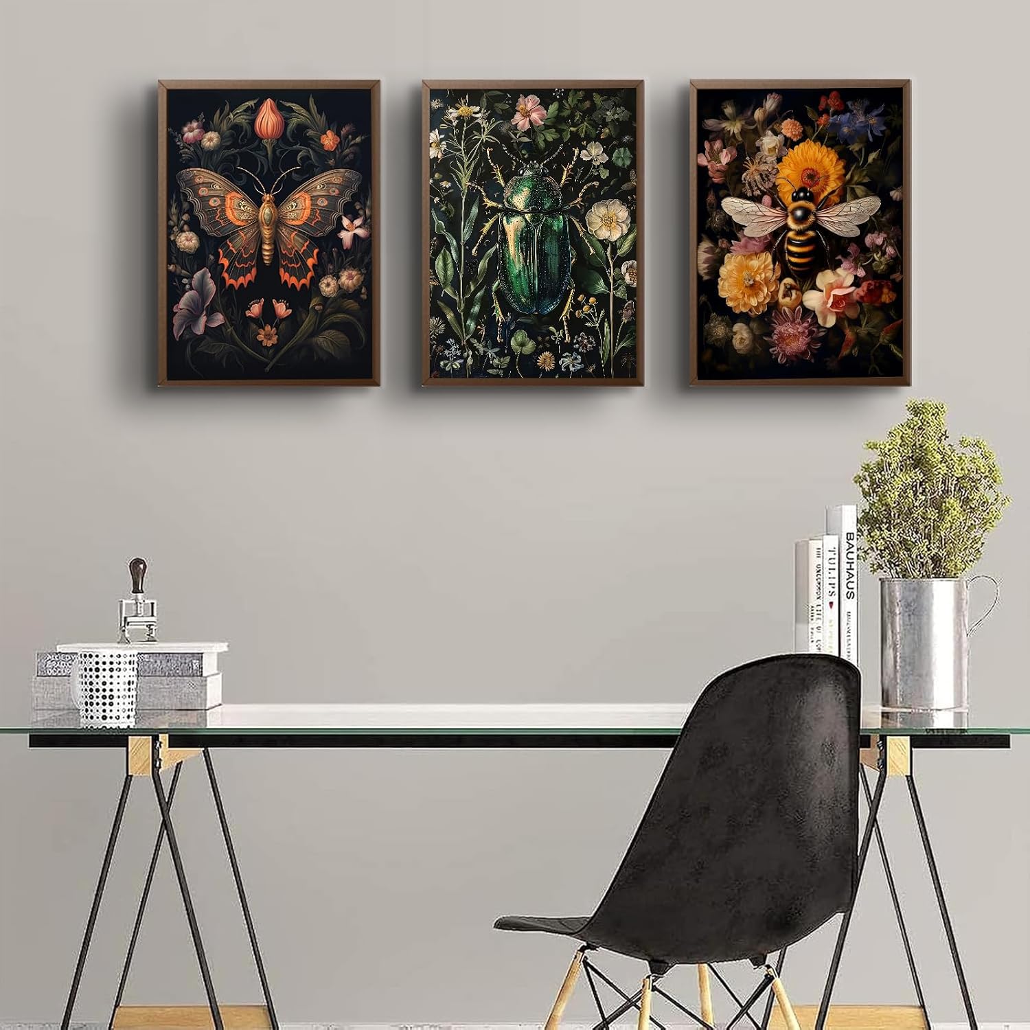 3 Pcs Dark Academia Butterfly and Bee Floral Wall Art Gothic Insect And Botanical Wall Decor Vintage Dark College Posters Canvas Prints Painting Picture for Bedroom Living Room 16x24in Unframed