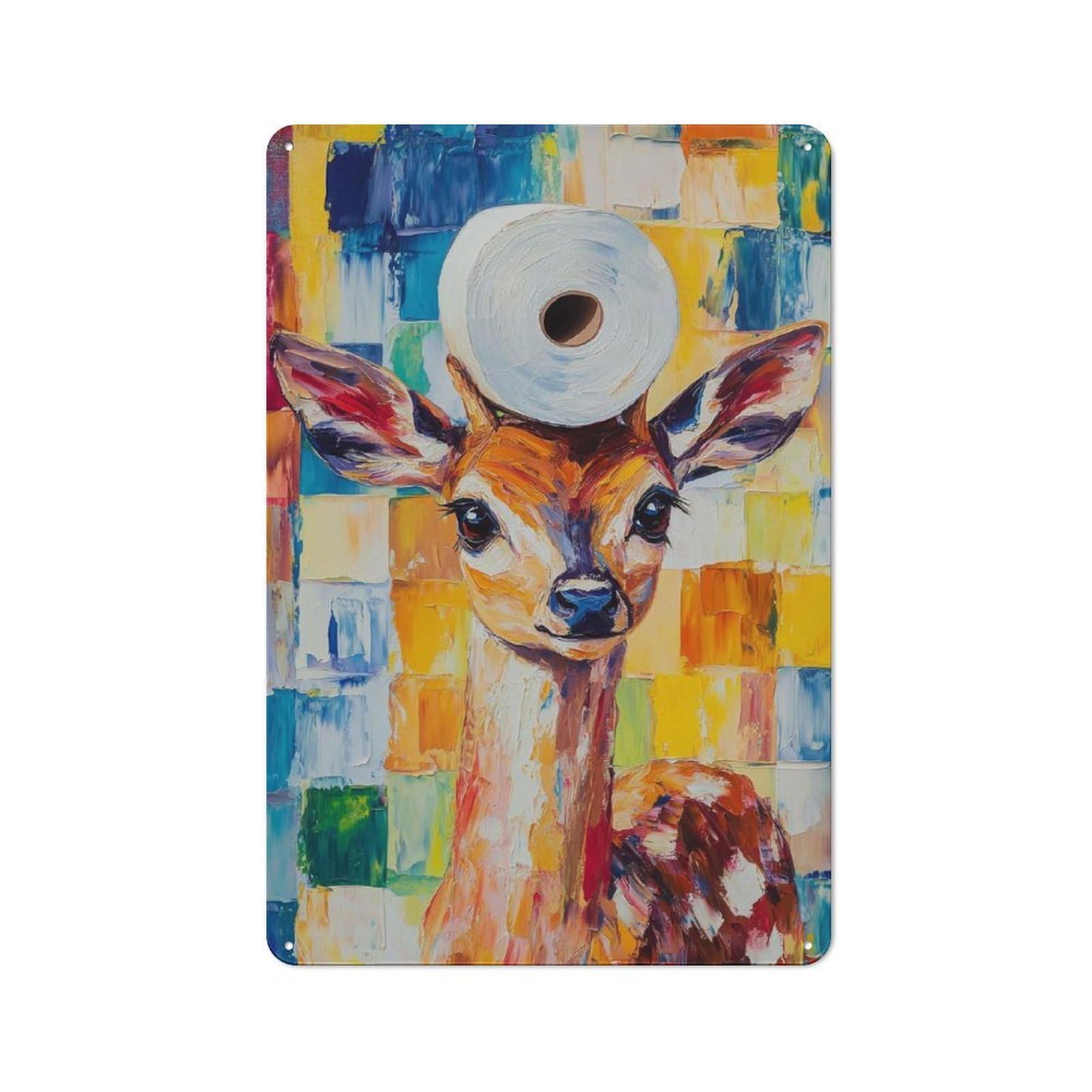 Junmoney Fawn With Toilet Paper Hat Rustic Metal Plaque 30X20cm For Lounge Or Reading Corner, For Home Office, Studio And Craft Room Walls