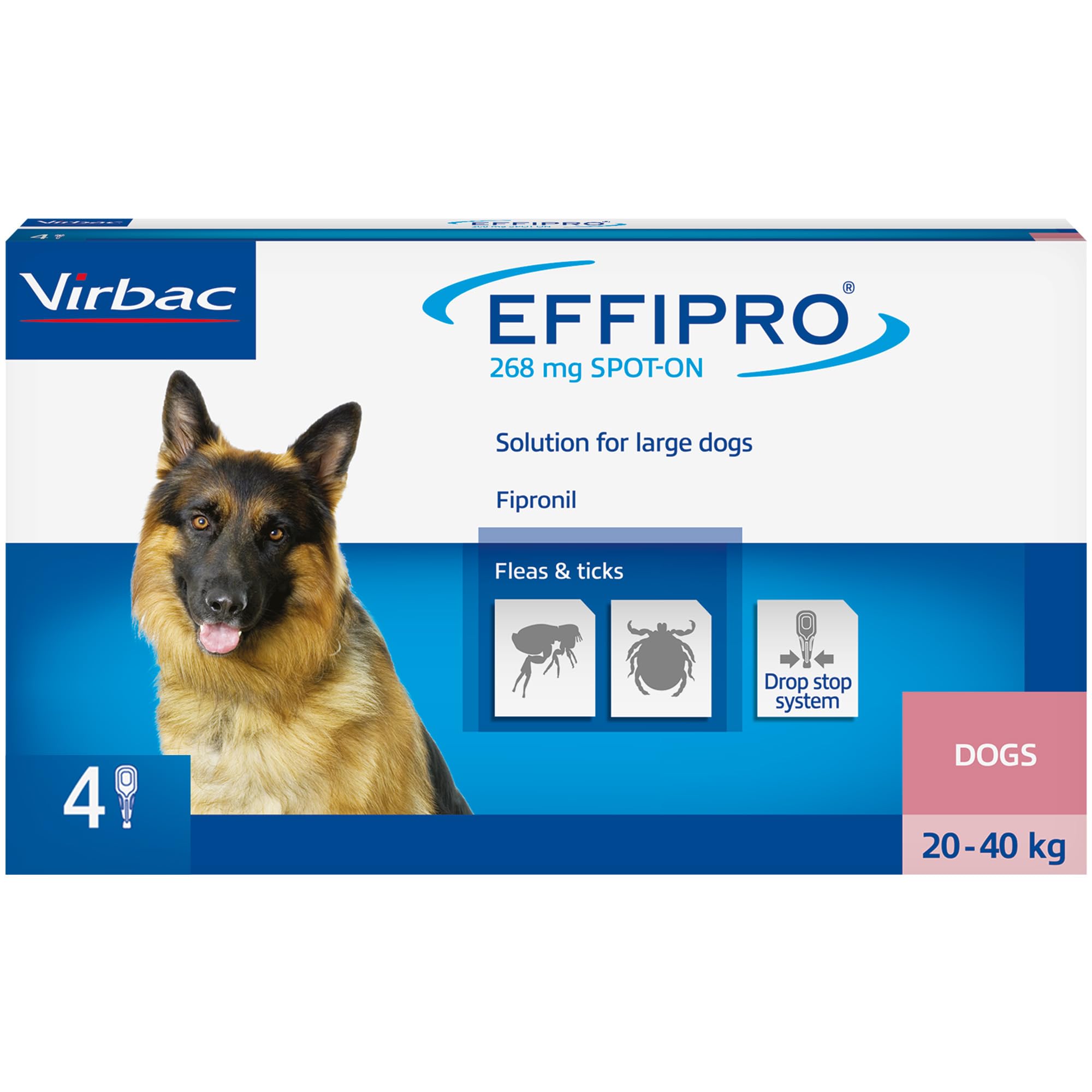 Virbac Effipro Dog Flea & Tick Treatment - Large Dogs 20-40kg - 4 Pipettes