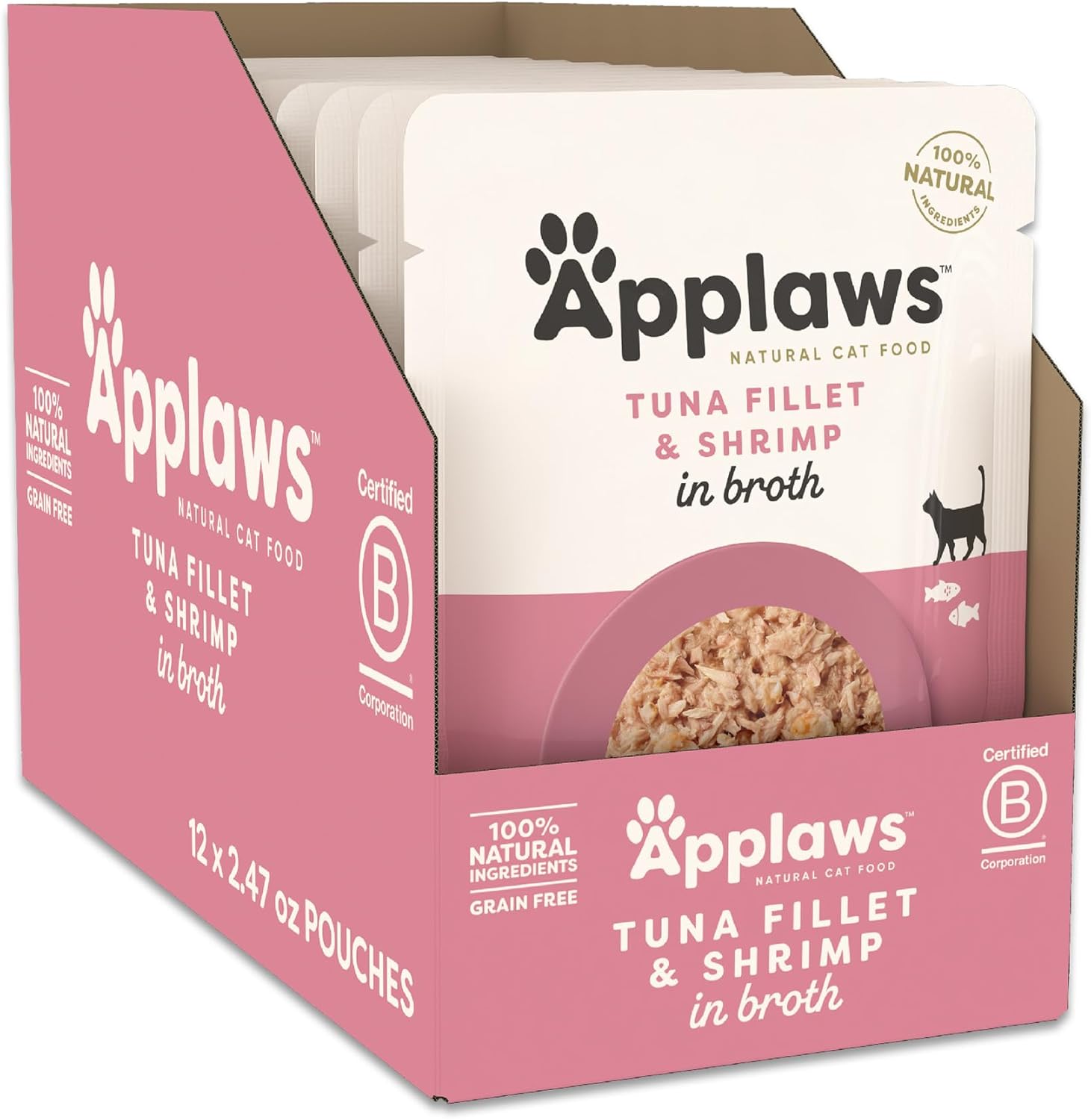 Applaws Natural Wet Cat Food in Broth, Limited and Natural Ingredients, High Protein with No Artificial Additives, Tuna Fillet & Shrimp in Broth (12 x 2.47oz Pouches)