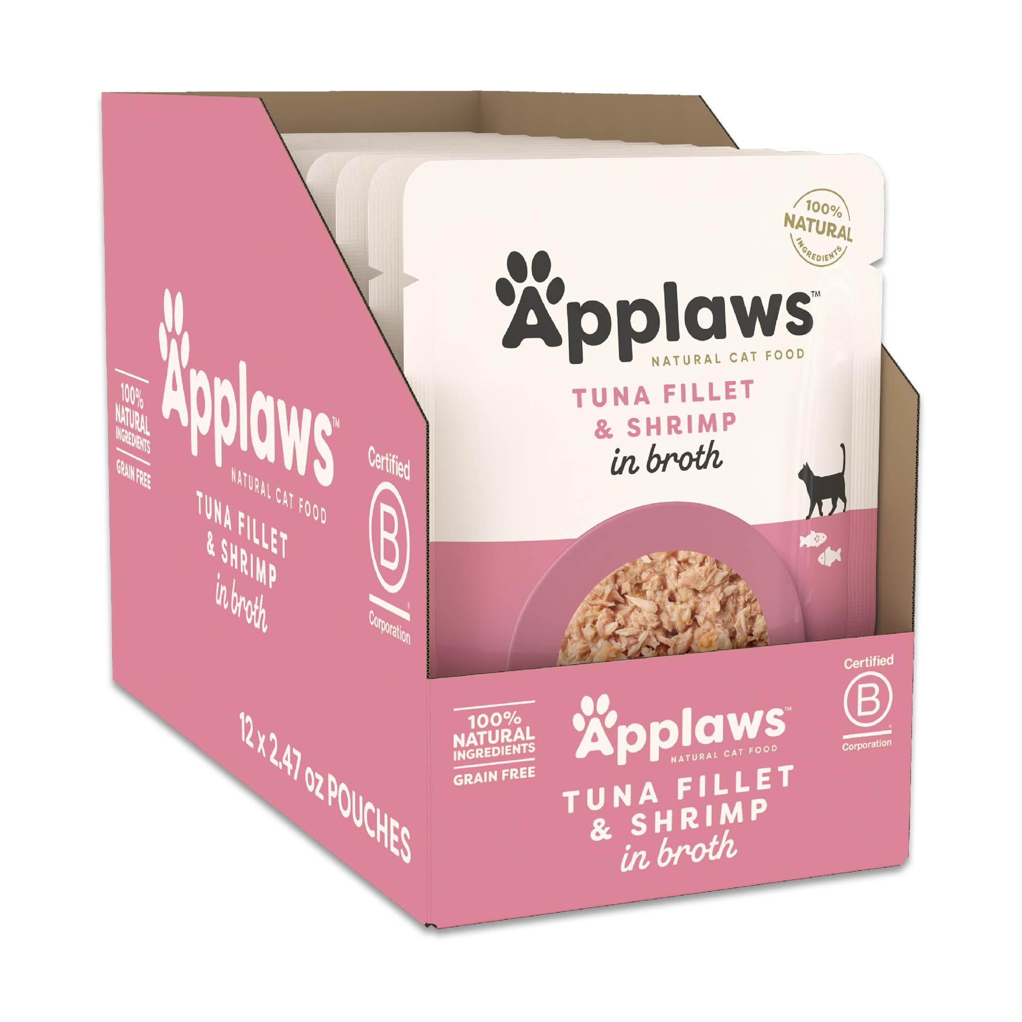 Applaws Natural Wet Cat Food in Broth, Limited and Natural Ingredients, High Protein with No Artificial Additives, Tuna Fillet & Shrimp in Broth (12 x