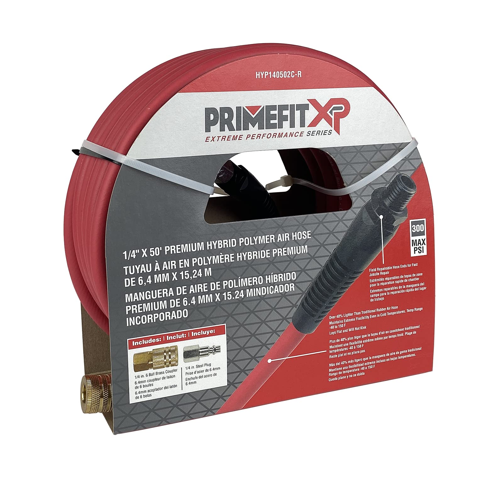 Primefit HYP140502C-R Manguera de aire de polímero híbrido premium de rendimiento extremo de 1/4 pulgadas x 50 pies con extremos reparables de campo y acoplador/enchufe rápido