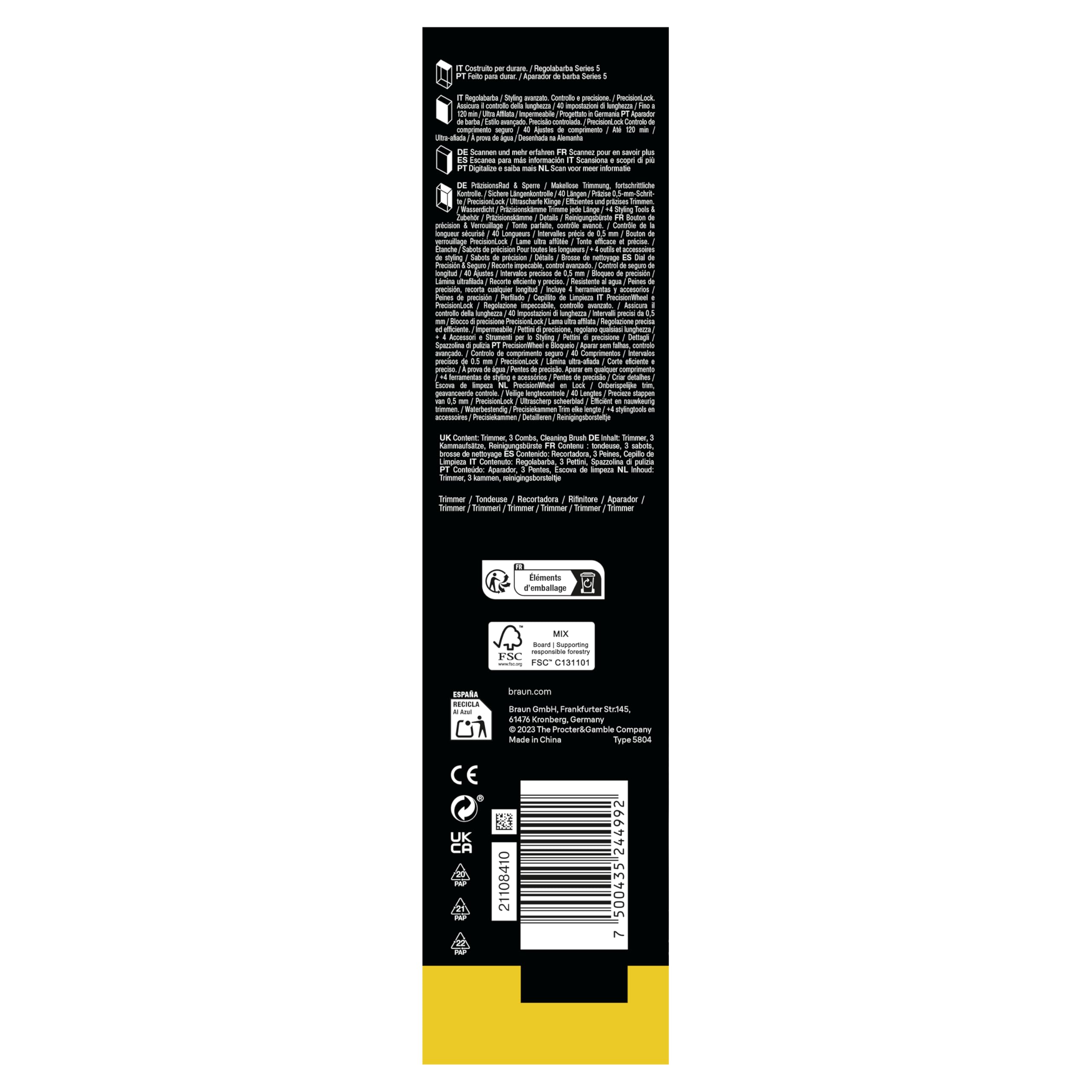 Braun - Cortador de barba serie 5, + 4 herramientas para crear su estilo, hoja ultrafina, 120 min de autonomía, 40 longitudes, impermeable, rueda de precisión y bloqueo, BT5520, negro
