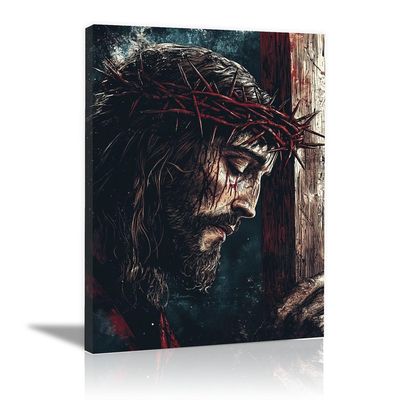 QUSAAOU Canvas Wall Art Jesus Cross and Jesus icture Christianity Cross Poster Print Painting for Living Room Bedroom Prayer Room Home Decorate(teal)-70x100cm Framed