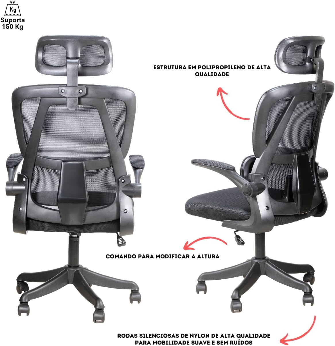 Cadeira De Escritório Ergonômica Giratória com Apoio de Braços 150kg 3D Plus (Preta)