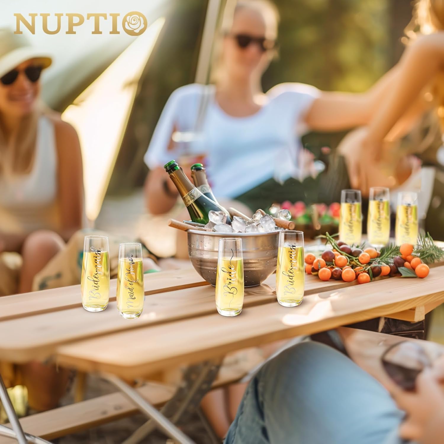 NUPTIO Champagne Glasses Bridal Shower Gift: Set of 8 Stemless Party Prosecco Flutes Tumbler Bride Bridesmaid Maid of Honor Wedding Clear Silver Embossed