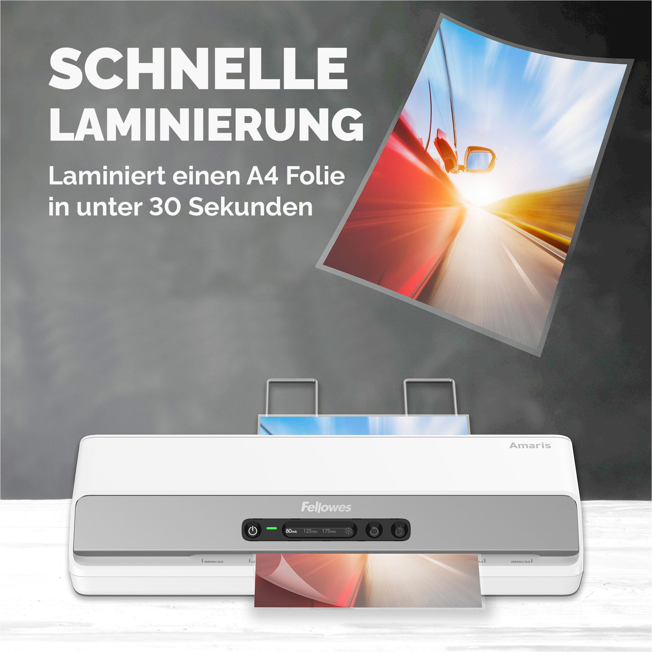 Fellowes Laminiergerät Amaris A3 - für Büro/Schule/Zuhause - nur 1 Minute Aufwärmzeit - für Heißlaminierfolien von 80-175mic - mit Rücklauf-Funktion - inkl. Starterset für 10 Laminationen