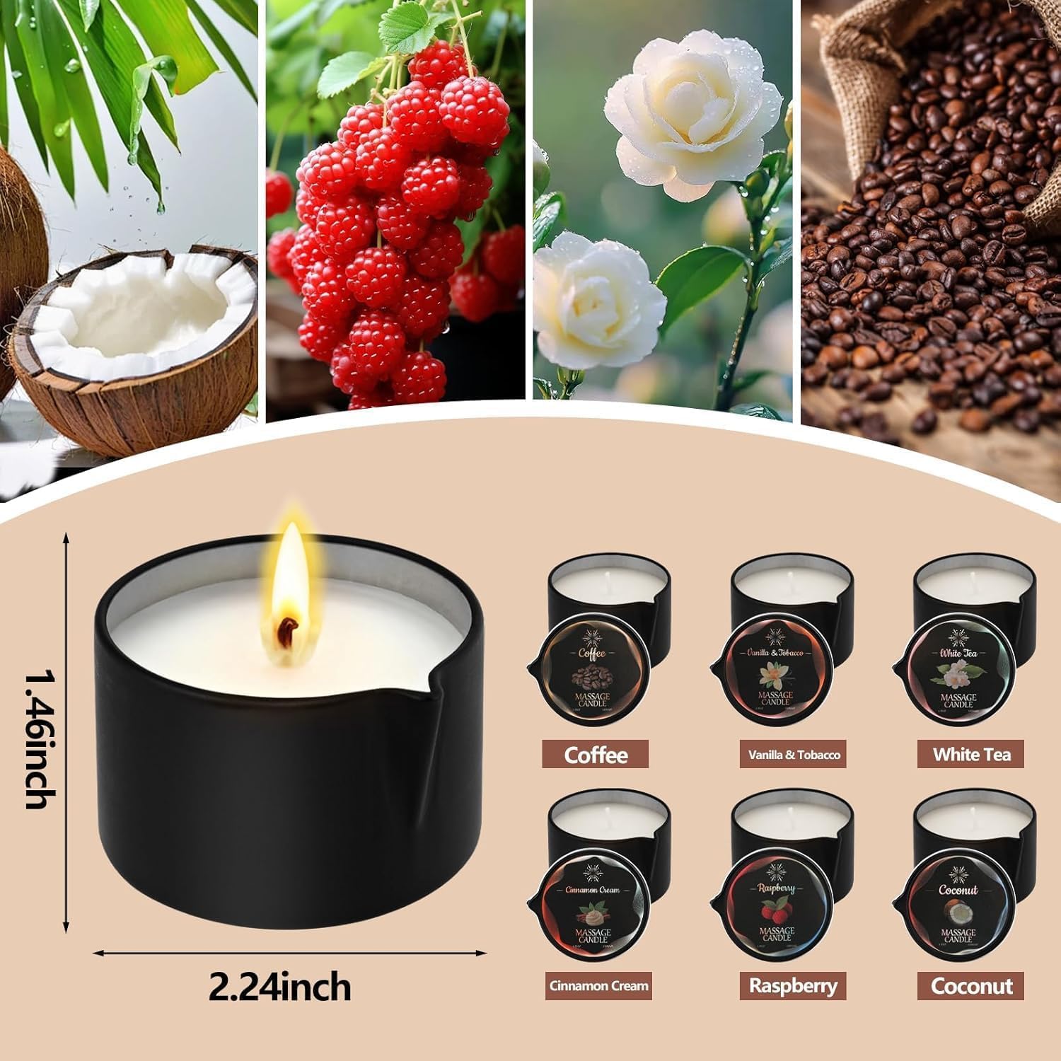 Juego de velas de masaje de 6 aromas, velas de aromaterapia de cera de soja con aceite suavizante de la piel, mezcla de soja de coco a baja temperatura para parejas