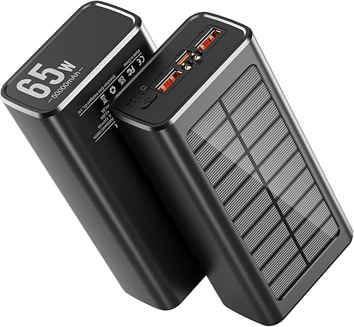 Banco de energía solar, 50000 mAh, 65 W, USB C, cargador portátil para laptop, tablet Powerbank, linterna LED, batería de carga rápida compatible