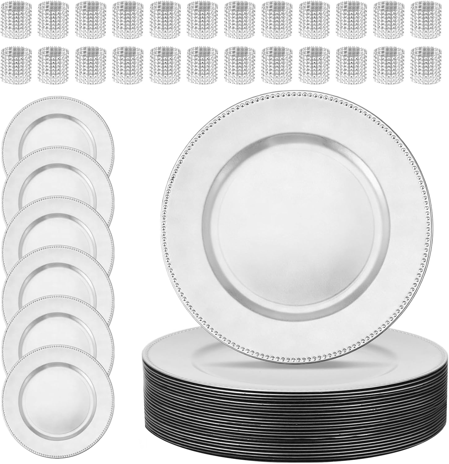 24 Pcs Silver Plastic Charger Plates with Napkin Rings Set, 13 in Round Beaded Dinner Chargers, Elegant Decorative Wedding Party Charger Platesor for Party Shower Event Decoration
