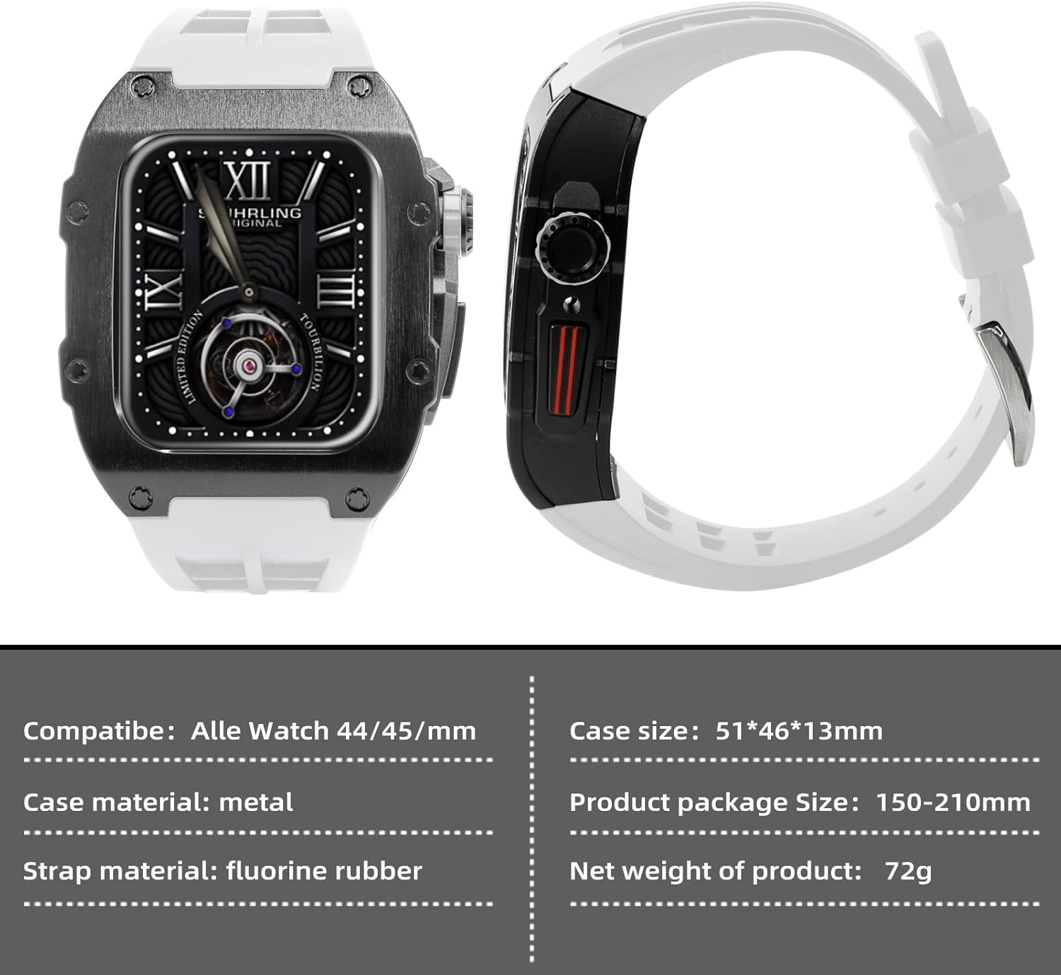 Refit Watch Bracelet Mod Kit For Apple Watch Series 8 7 45mm rubber strap Rm Style Metal Watch Case For Iwatch 6 SE 5 4 44mm Replacement Replacement Cover Strap Accessories (44/45 mm,