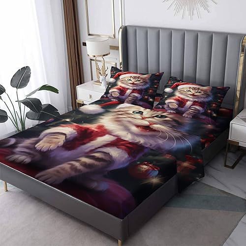 Sábanas de Navidad tamaño individual  Lindas sábanas de microfibra suave con bolsillo profundo y patrón sin arrugas, 3 piezas (1 sábana bajera, 1