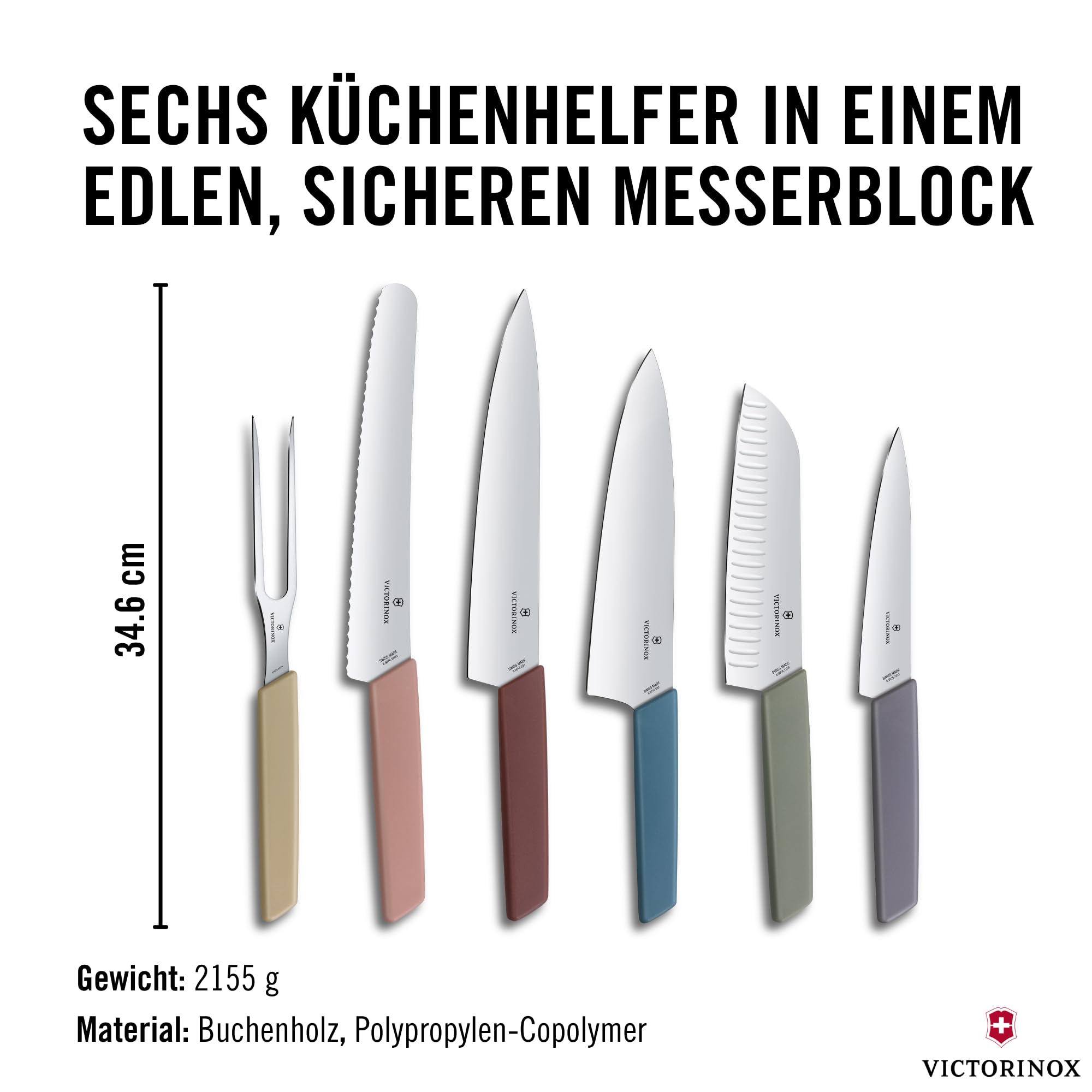 Victorinox Swiss Modern Messerblock mit 6 Messer Gefüllt, 6-teilig, Küchenmesser-Aufbewahrung, aus Holz, mehrfarbig