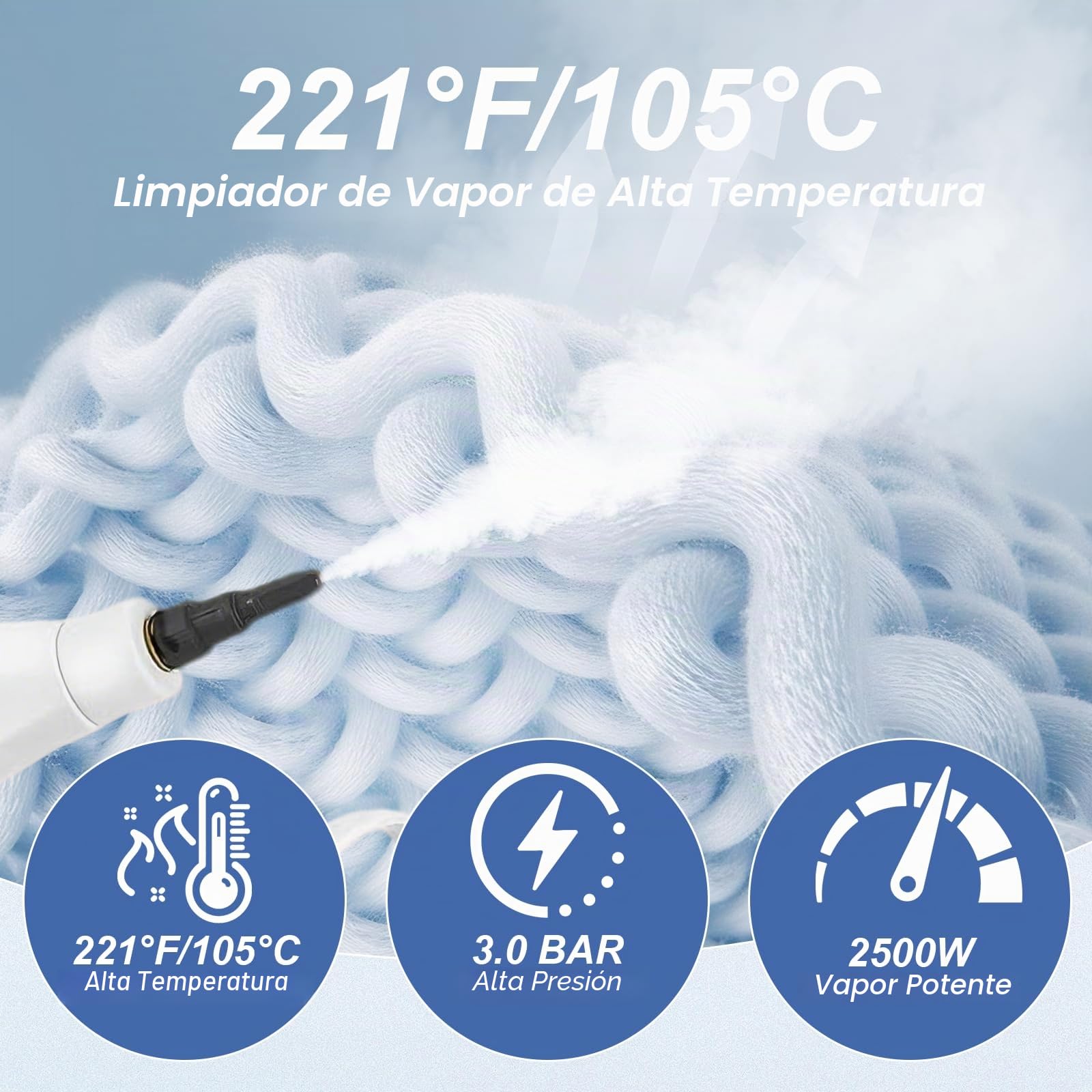 Limpiador a Vapor, 2500 W 3.0BAR Vaporeta Limpieza Hogar Potente con 3 Cabezales de Cepillo, Vaporeta Limpieza Hogar Portátil con Tanque Agua de 1000ml para Cocina Baño Azulejos y Coche