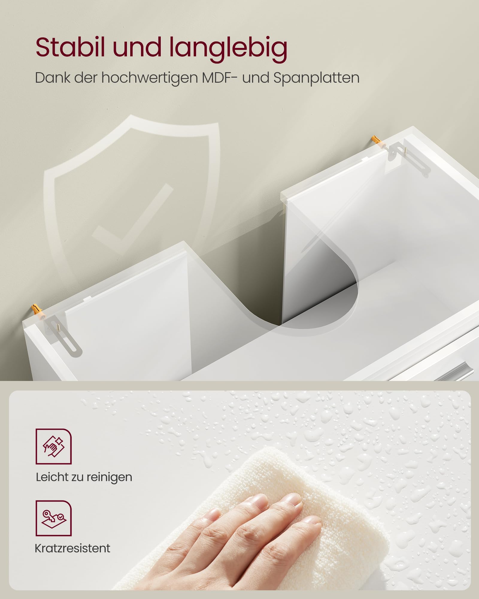 VASAGLE Waschbeckenunterschrank, Badezimmerschrank, 2 Fächer hinter den Türen, für Waschbecken ohne Säule, Badezimmer-Unterschrank mit Füßen, 30 x 60 x 60 cm, wolkenweiß BBK505W01
