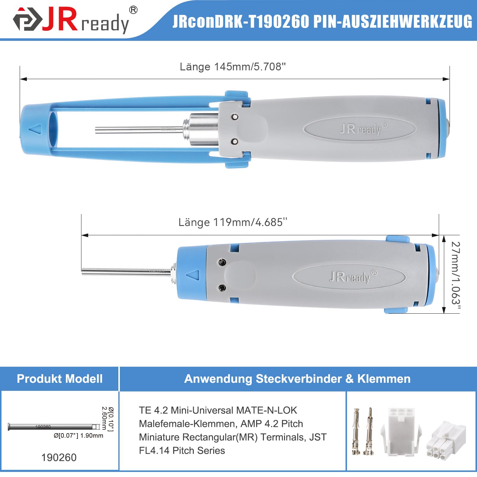 JRready JRconDRK-T190260 strumento di sblocco nuovo aggiornamento con custodia protettiva per TE 4.2 Mini Universal Mate-N-Lock AMP 4.2 Pitch Miniatura Rettangolo (MR) JST FL 4.14 Pitch Contatto