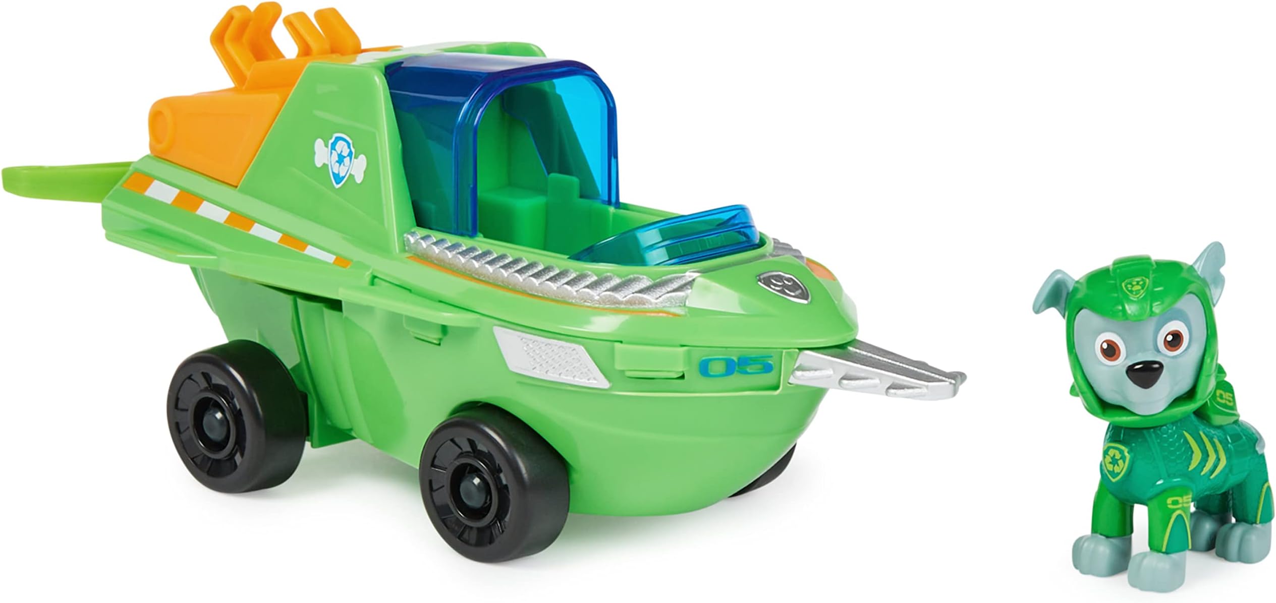 Paw Patrol Aqua Pups Rocky Transforming Sawfish Vehicle with Collectible Action Figure, Kids Toys for Ages 3 and up