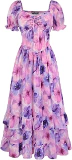 SCARLET DARKNESS Damen Viktorianisches Blumenkleid Kurzarm Rüschensaum Sommer Lang Kleider