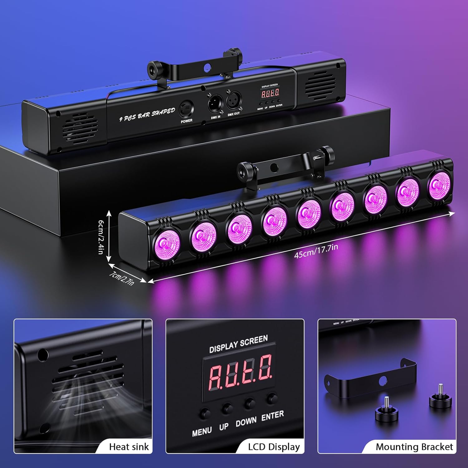 Detailed view of the LED wallwasher light showing dimensions, heat sink, LCD display, and mounting bracket.