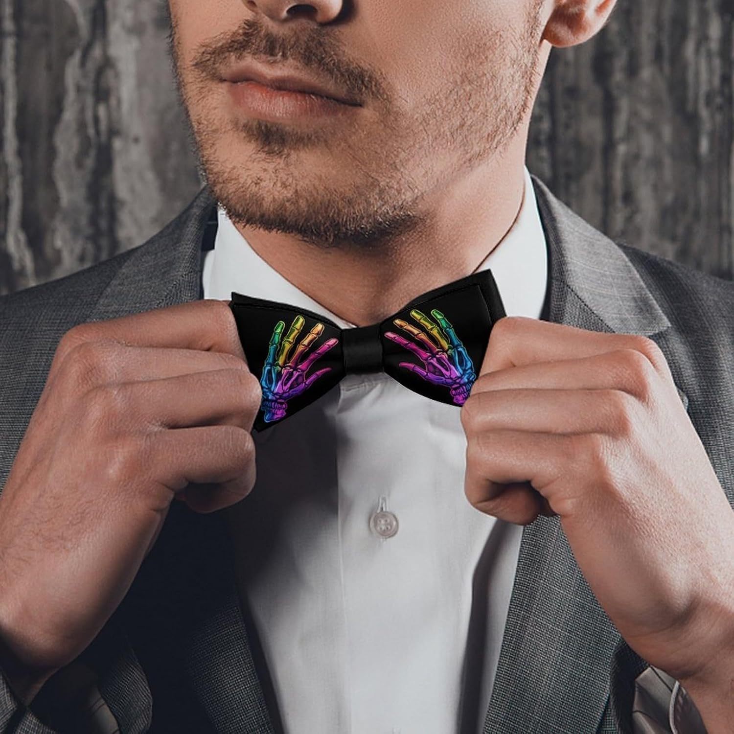 Colorful Skeleton Skull Print Bow Ties for Men Fun Printed Pre Tied Adjustable Bowtie for Party Wedding