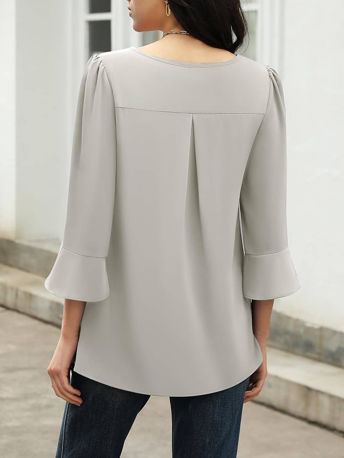 Funlingo Womens 3/4 Length Sleeve Tops Dressy Casual V Neck Business Chiffon Blouses Pleated Trendy Work Shirts - Image 3