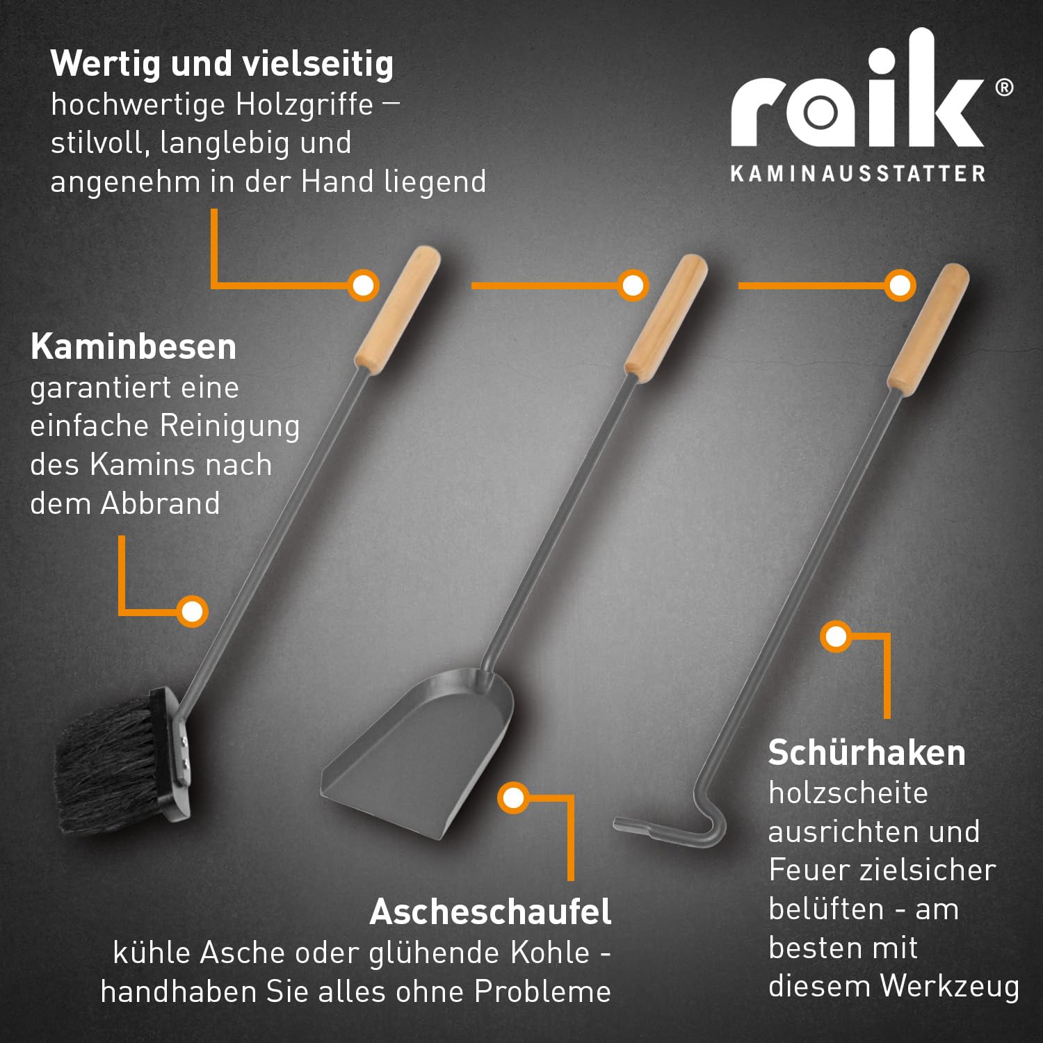 raik Kaminbesteck Otto 3-teilige Kamingarnitur aus Besen Schaufel Schürhaken im Ständer 64 cm Holzgriffe Stahl Grau für Kaminöfen, Feuerstelle, Küchenherd Kaminpflege