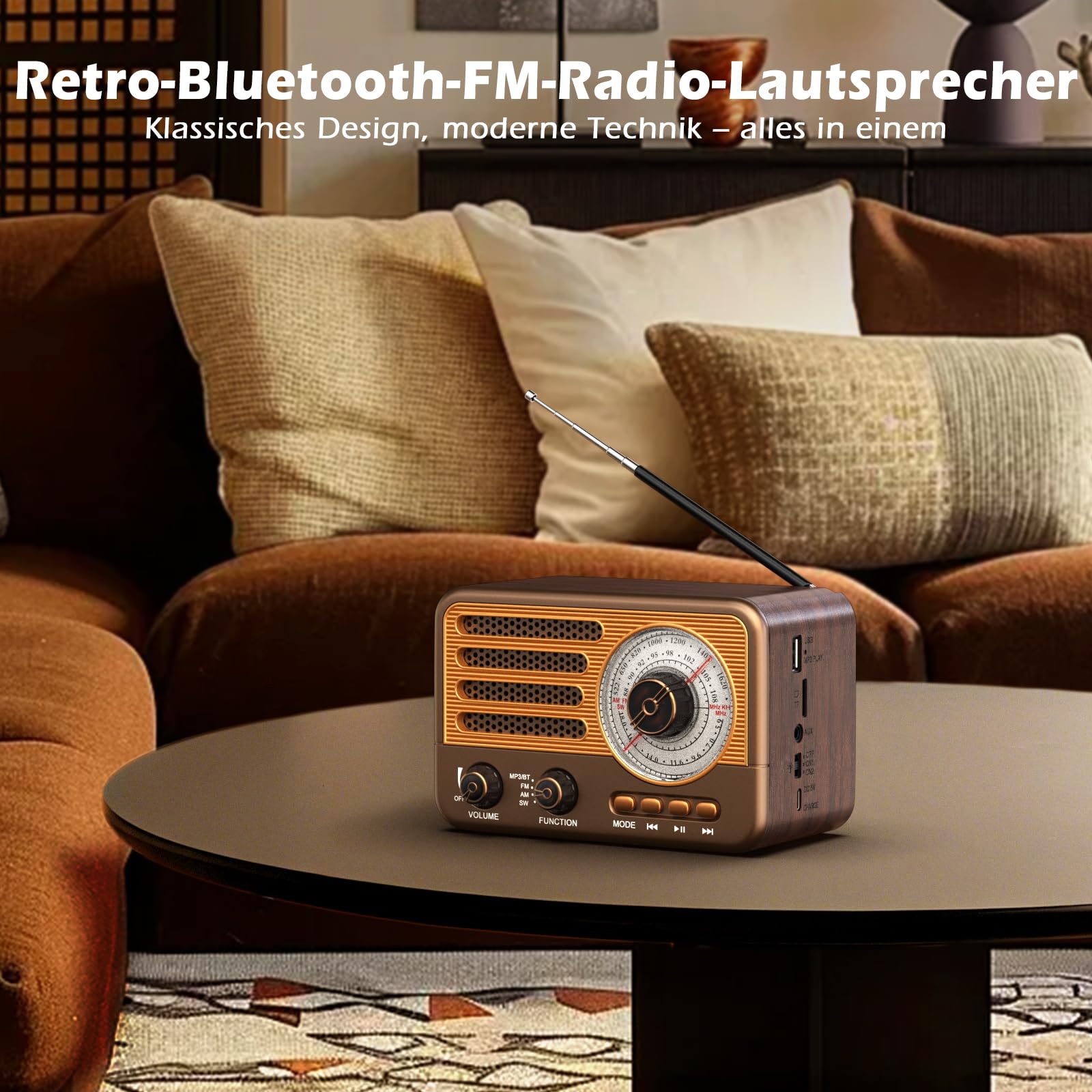 Vintage-Transistorradio – Retro-Stil mit moderner Reichweite, tragbar, AM/FM/SW, mit USB/TF/Aux-MP3-Wiedergabe und wiederaufladbarem 1800-mAh-Akku