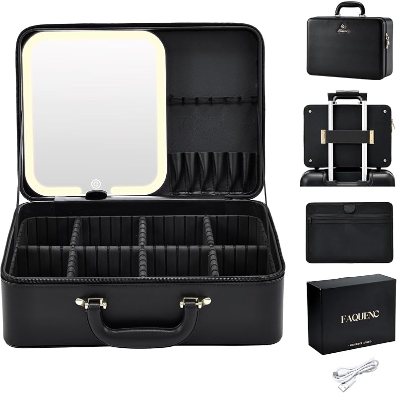 Maleta de maquiagem Faquenc com espelho iluminado LED, divisórias removíveis e suporte para pincéis, preta, 34,49 cm