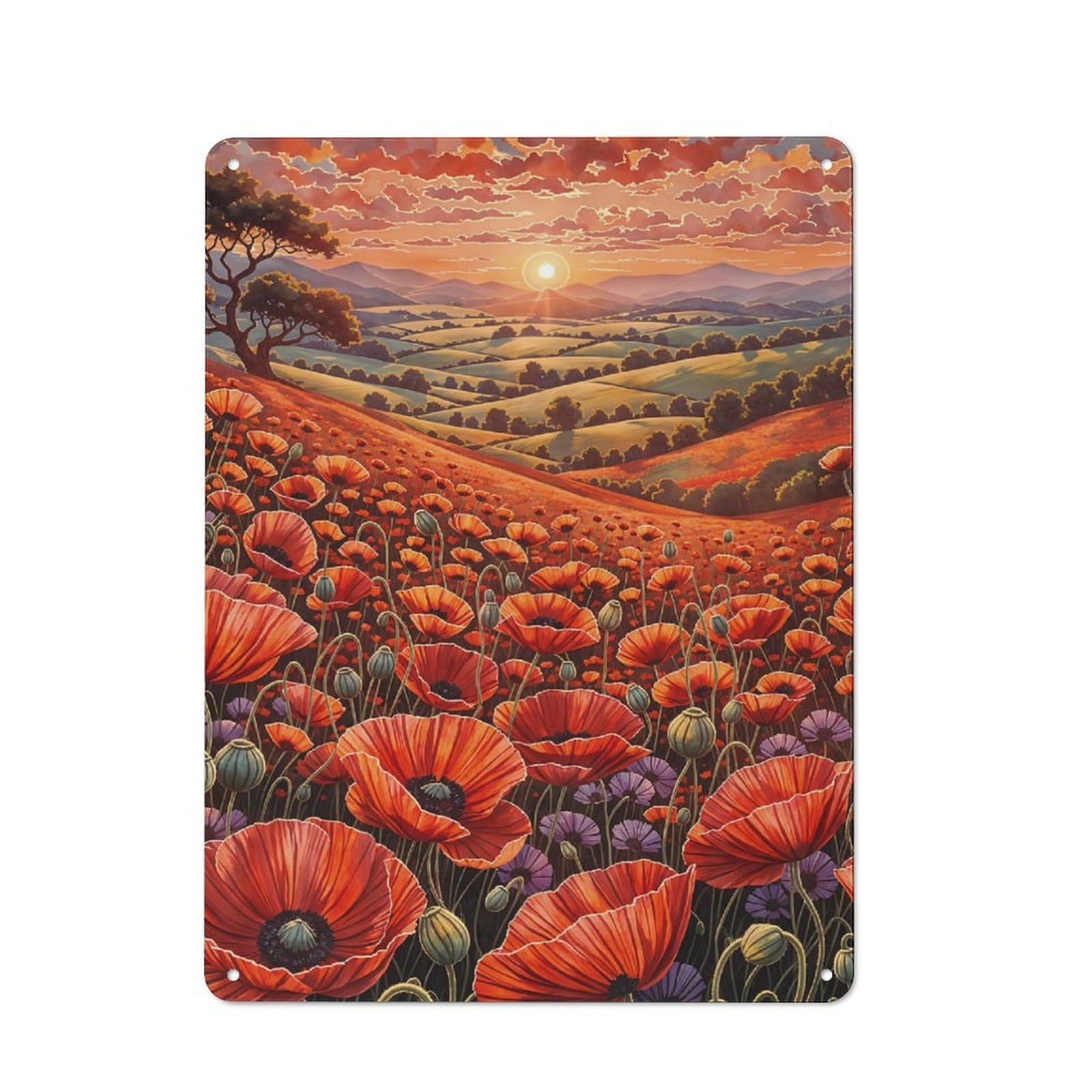 Poppy Field Sunset Metal Wall Sign 40x30cm, Modern Retro Loft Wall Plaque for Flat, Bar, Studio Or Gallery Wall
