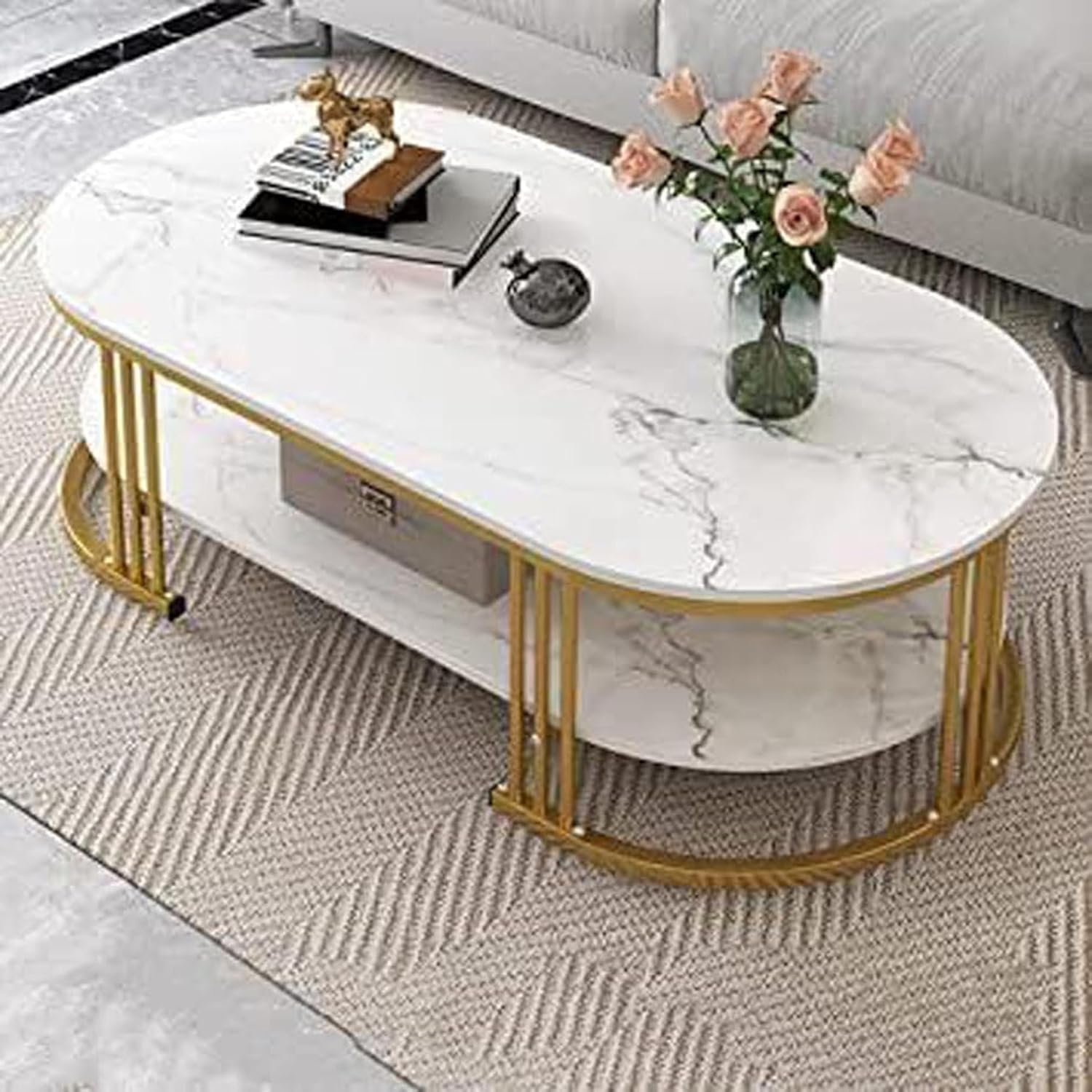 Modern Oval Coffee Table with Storage Shelf, Wooden Finish Center Table with Gold Metal Frame, Luxury Living Room Coffee Table, Contemporary Tea Table for Home, Office, Lounge Furniture (White Gold)-image-42