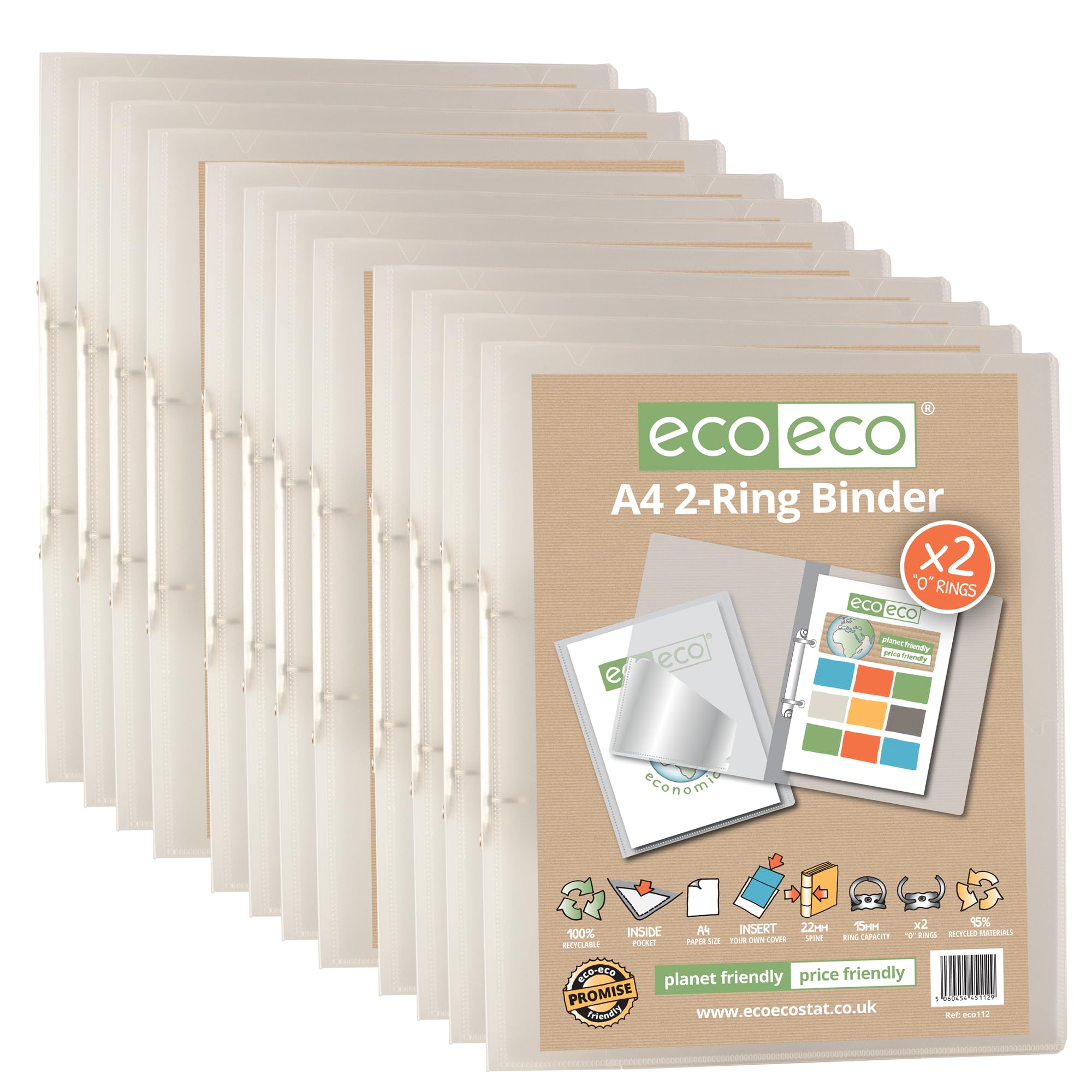 eco-eco A4 95% Recycled Presentation 22mm Spine 2 Ring Binder Clear, Pack of 12, eco112x12