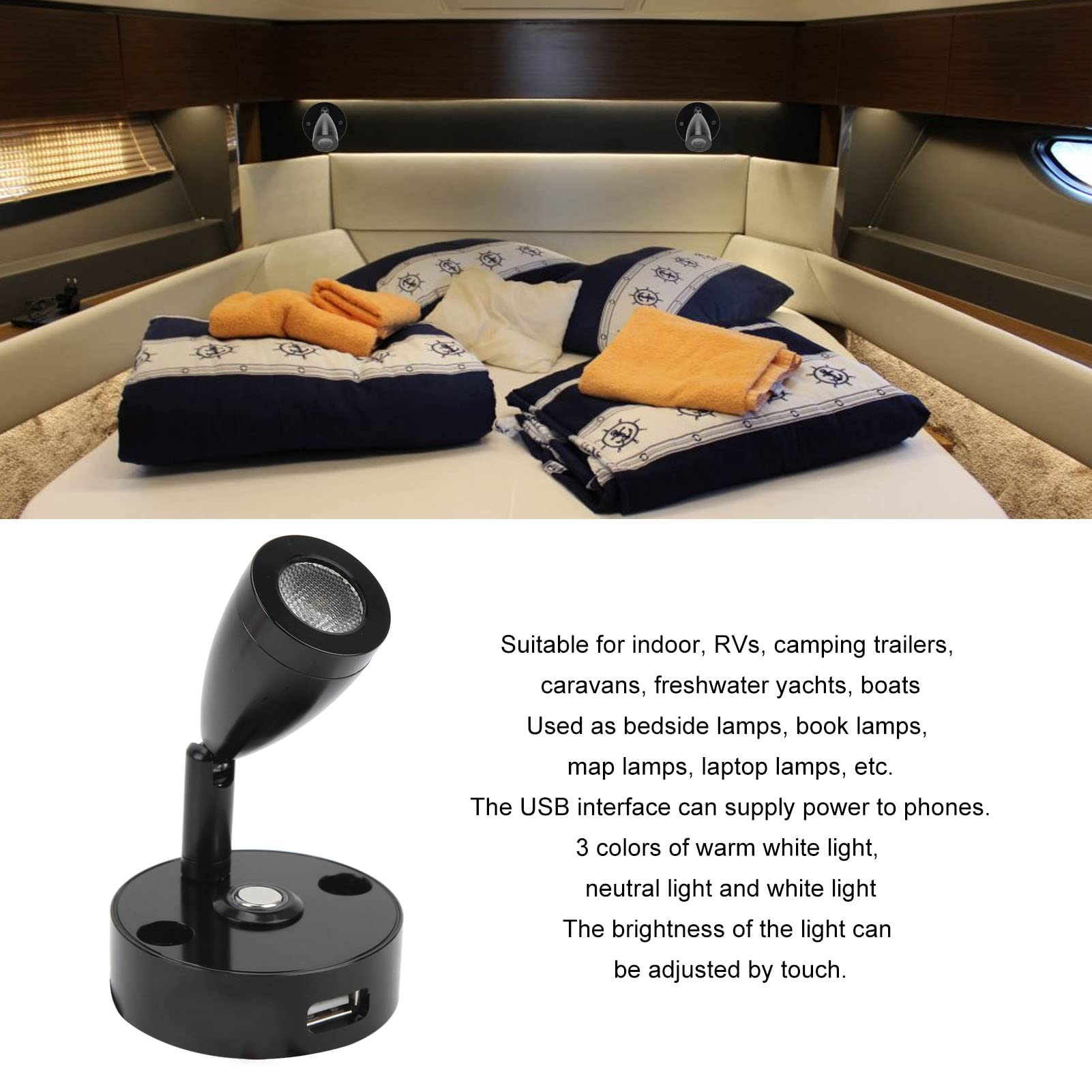 RV lees LED lamp, 12‑24V 3W LED leeslamp Aanraakdimmer 3 verlichtingskleur met USB oplaadpoort voor bedlamp, camper, caravan(zwart