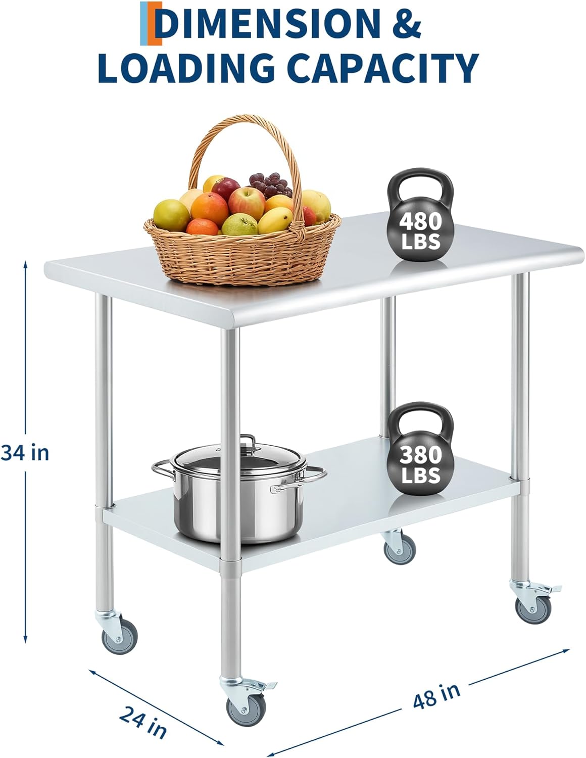 Commercial Stainless Steel Prep Table with Wheels, Heavy Duty Mobile Work Table 24x48, Adjustable Shelf & Locking Casters for Kitchen, Restaurant, Garage, Outdoor Use