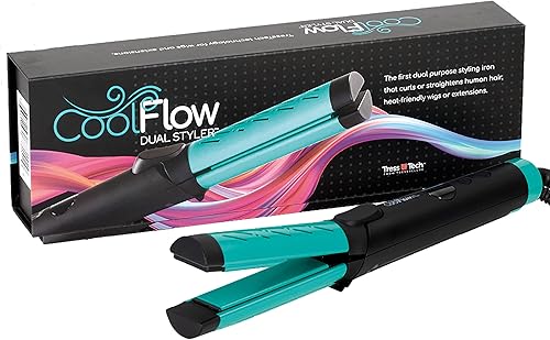 TressTech Cool Flow Dual Styler 2 en 1 - Plancha rizadora y alisadora de cabello humano, pelucas o extensiones resistentes al calor, tecnología de