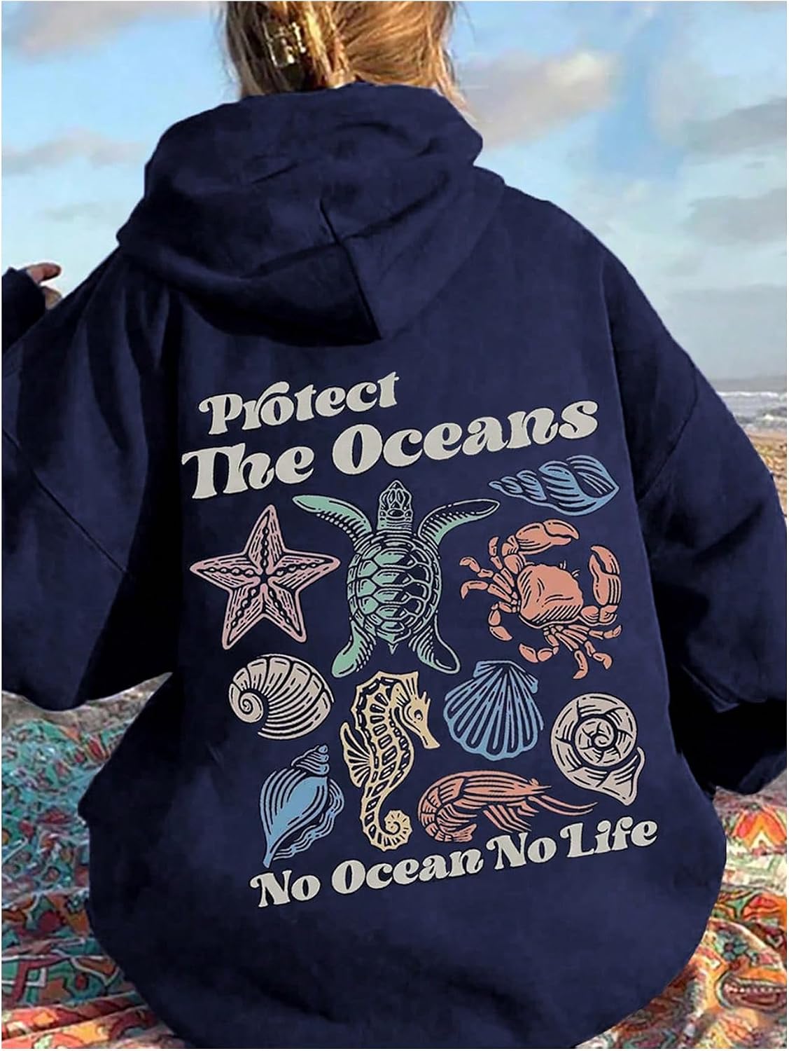 Floerns Women's Summer Hoodie Ocean Animal Print Long Sleeve Casual Pullover Sweatshirts