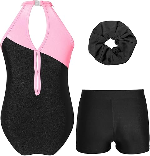 Miniatura 2 de XUNZOO Kids Girls Ballet Dance Outfits Shiny Sleeveless Gymnastic Leotard with Athletic Shorts Hair Band Tracksuit