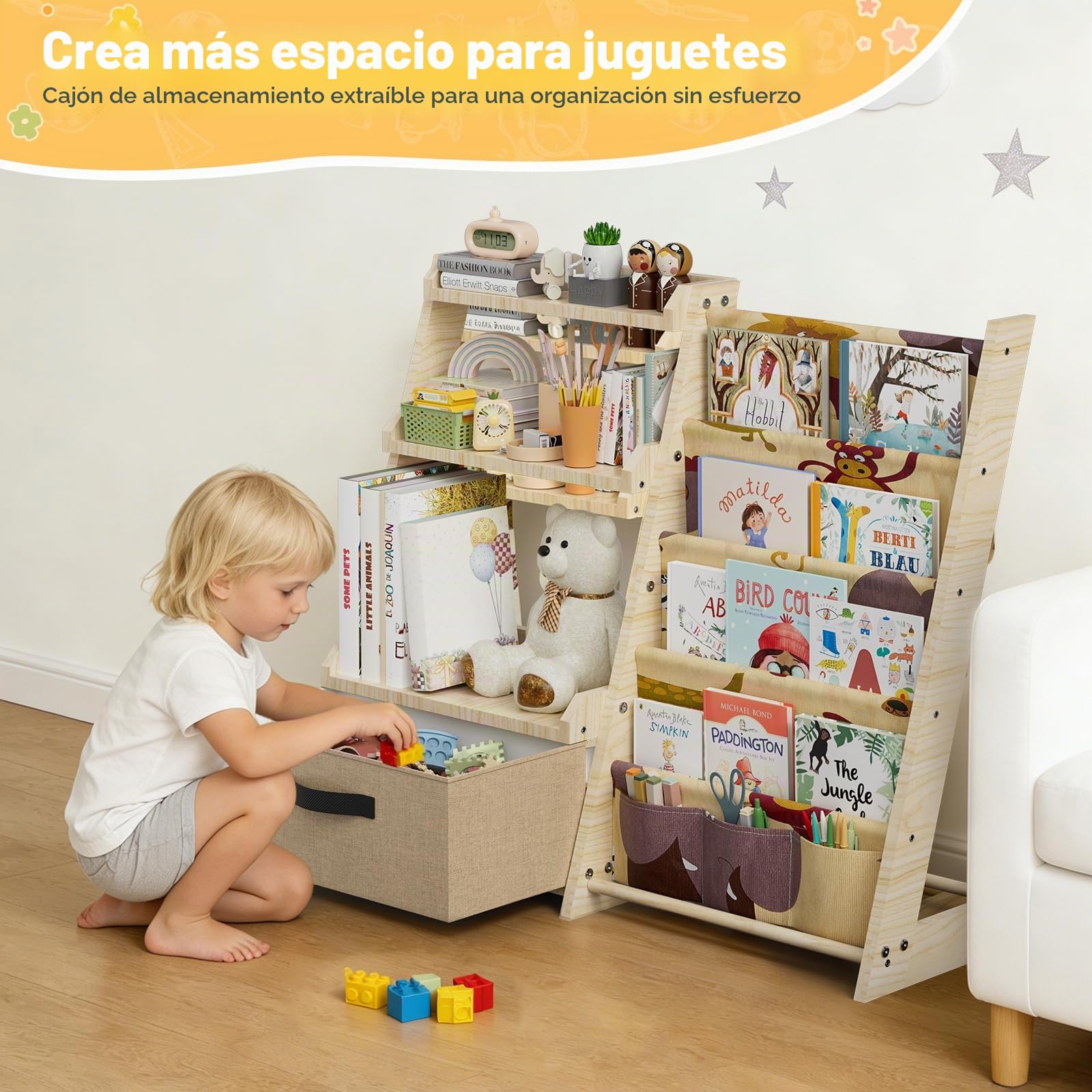 Estantería infantil con organizador de juguetes 2 en 1 – Estantería de madera y tela con 4 compartimentos, cajón y bolsillos para bolígrafos, estantería segura para niños de 68 cm de altura para