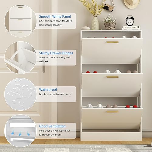 Miniatura 5 de Juego de 2 zapateros para entrada, armario estrecho de almacenamiento de zapatos con 3 cajones abatibles, almacenamiento oculto de madera para