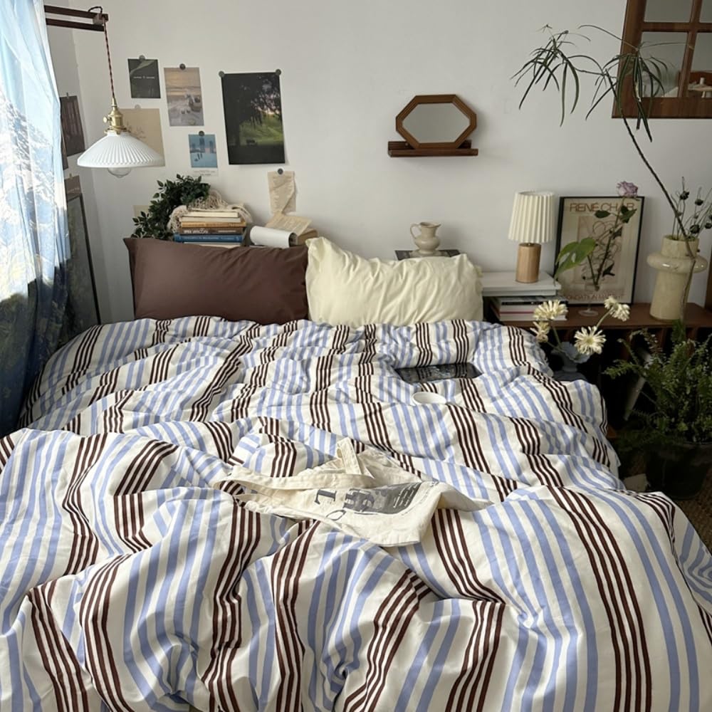 Covebett Striped King Duvet Cover Sets White Blue Brown Stripes Geometric โ image 1