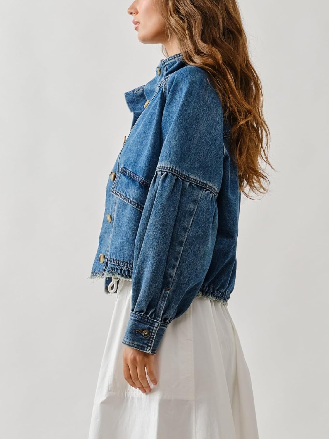 Womens Denim Bomber Jacket Ballon Sleeve Twill Coat Drawstring Waist Outerwear with Pockets