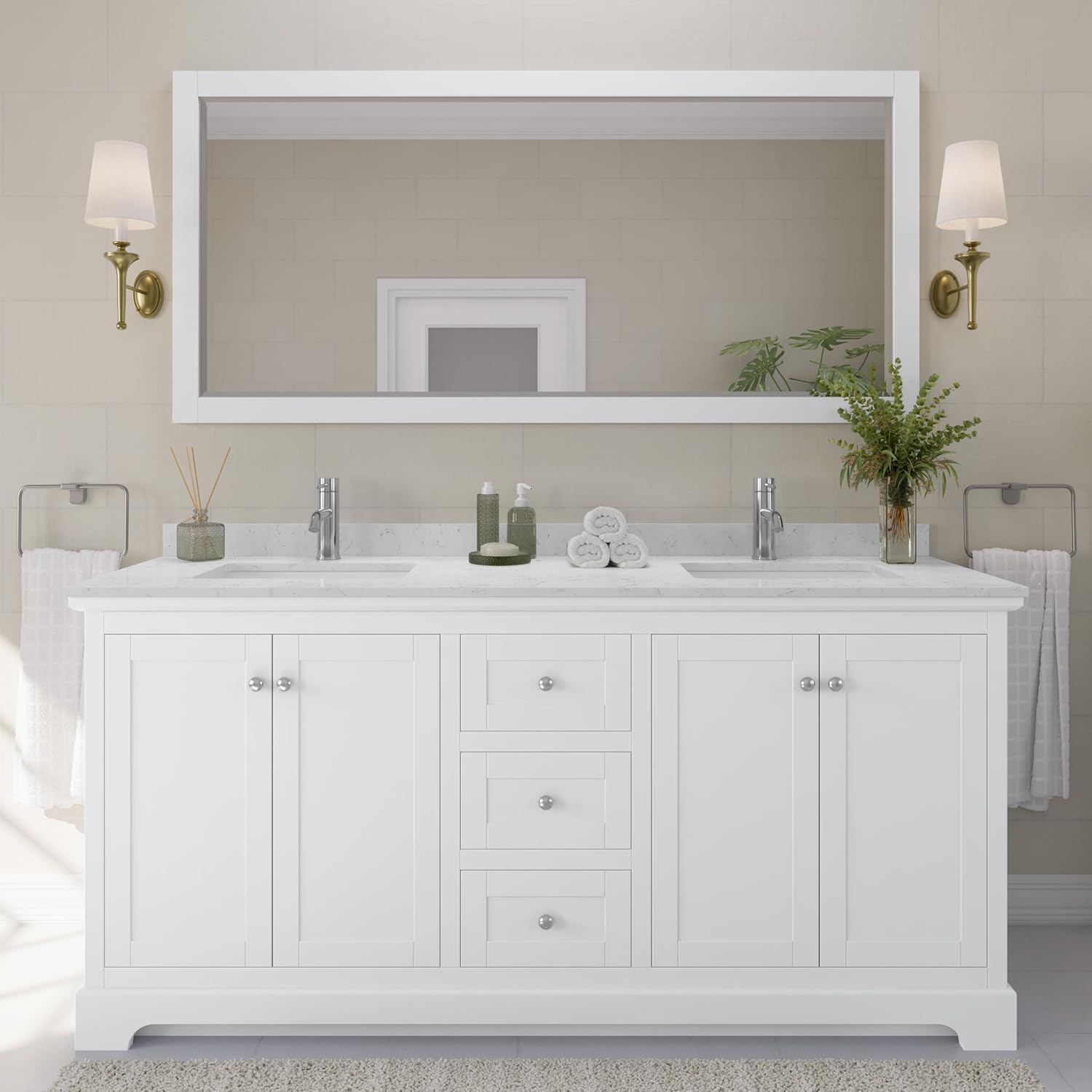 Avery 72 Inch Double Bathroom Vanity in White, Light-Vein Carrara Cultured Marble Countertop, Undermount Square Sinks, No Mirror