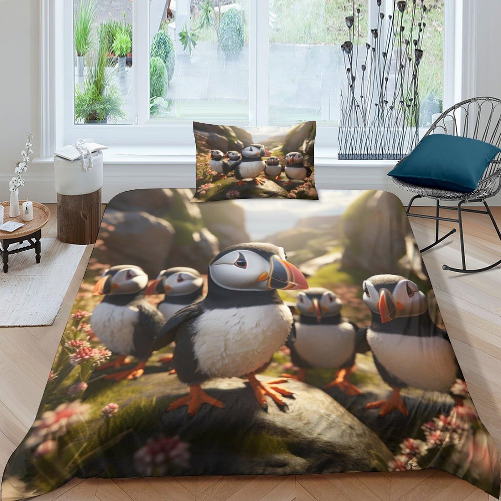 Mefese Puffin Bedding Duvet Cover Set 2 Pieces Soft Brushed Microfibre 3D Printed Duvet Set Reversible Seaside Birds Quilt Cover With Pillowcase Easy Care Duvet Cover Single（135X200cm）