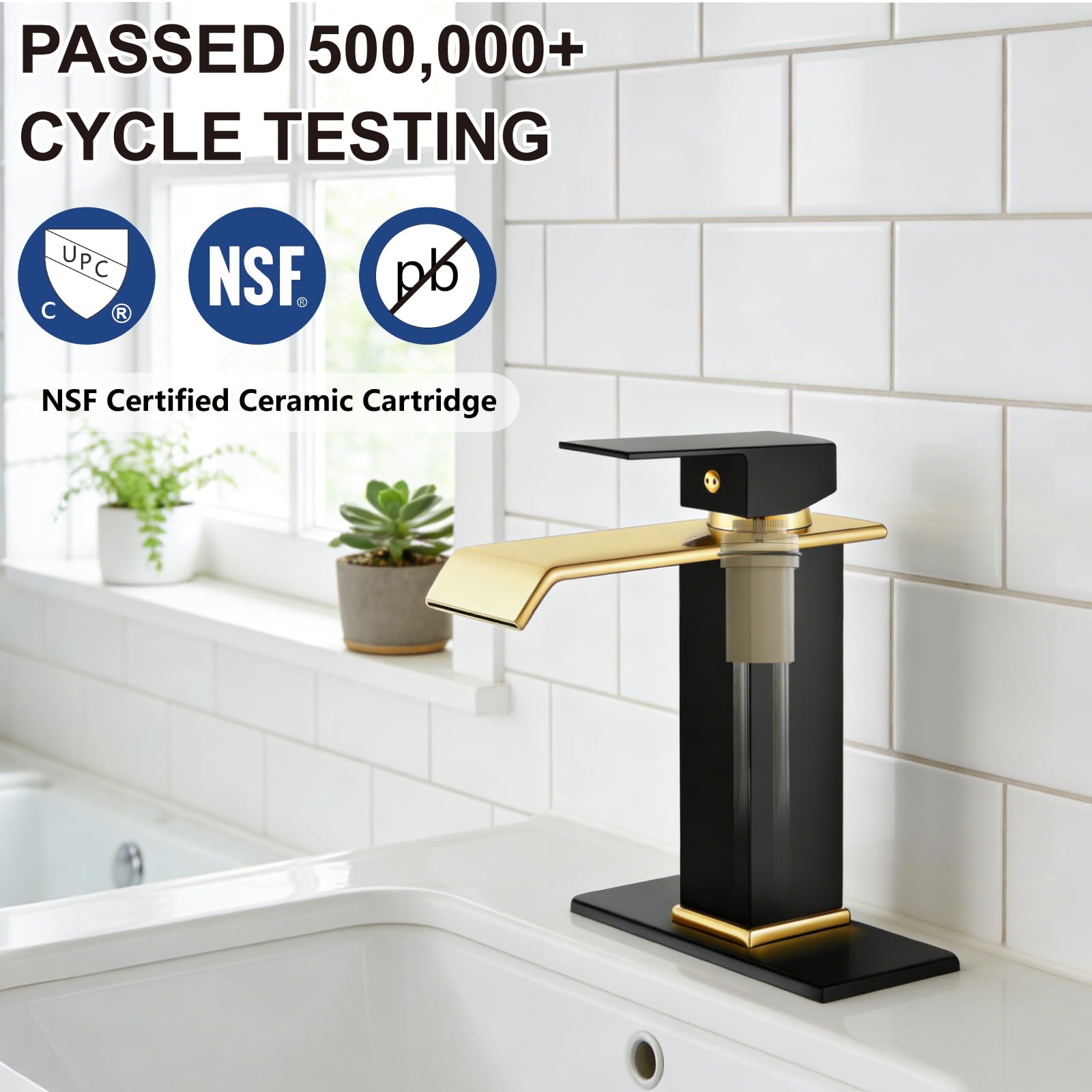 Rubinetto da bagno a cascata, rubinetto monocomando a 1 foro per lavabo, moderno, per camper, bagno, toilette, con scarico a scomparsa e tubi di alimentazione dell'acqua, nero opaco e oro lucido