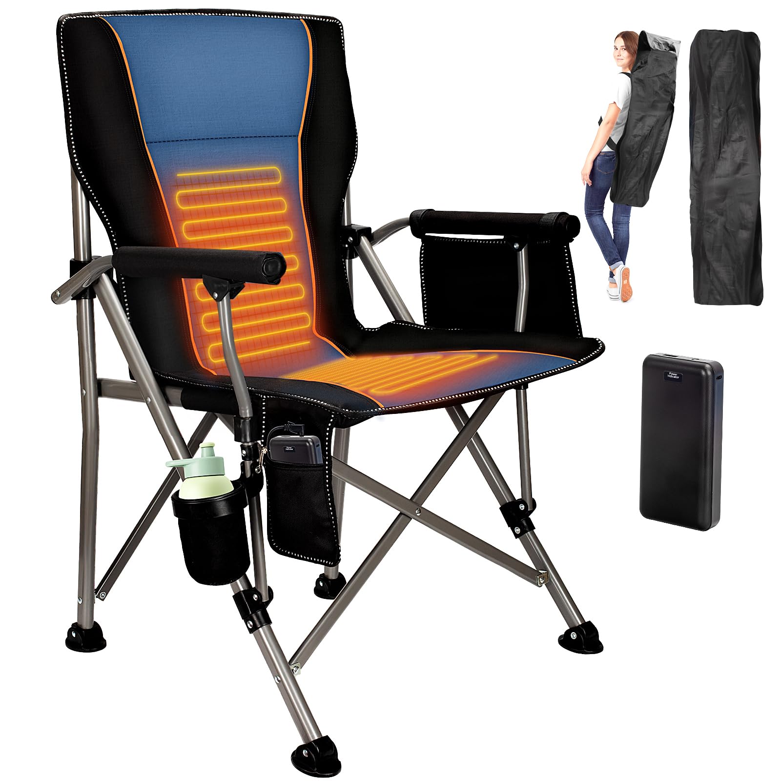 QUYUAN Heated Camping Chair with Battery, Fully Padded Heated Camp Chairs for Outdoor Sports, Heavy Duty Folding Chairs Supports 500 lbs for Camping, Outdoor Sports, Picnics, Beach(Blue & Black)